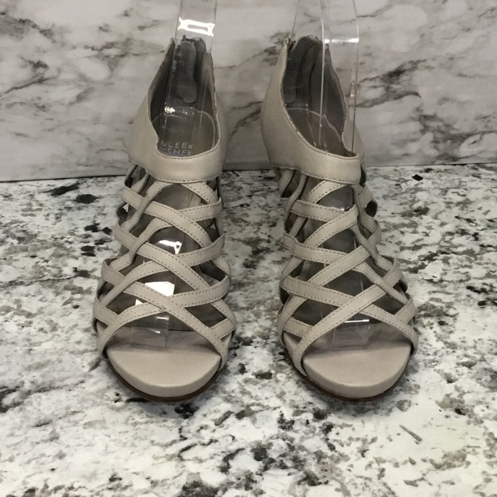 Eileen Fisher Cage Strap Lattice  Leather Gray Wood Wedge Sandal - Picture 12 of 12